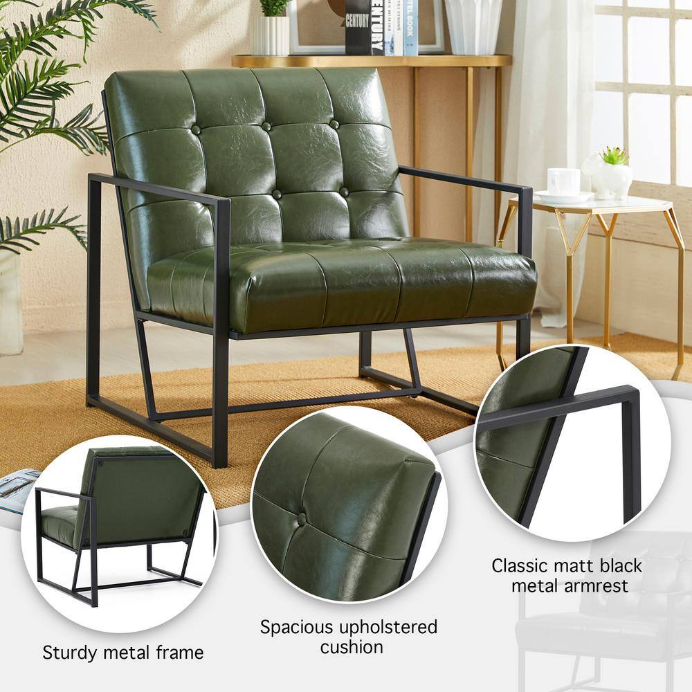 Hunter Green Faux Leather Button-Tufted Accent Chair with Metal Frame