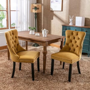 Modern High-end Gloden Tufted Solid Wood Velvet Upholstered Dining Chair with Wood Legs Nailhead Trim Set of 2