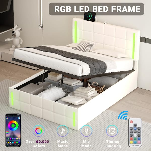 Harper & Bright Designs White Wood Frame Full Size PU Upholstered Platform Bed with LED, Hydraulic Storage System and USB Charging Station