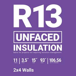 R-13 Unfaced Fiberglass Insulation Batt 15 in. x 93 in. (1 Bag)