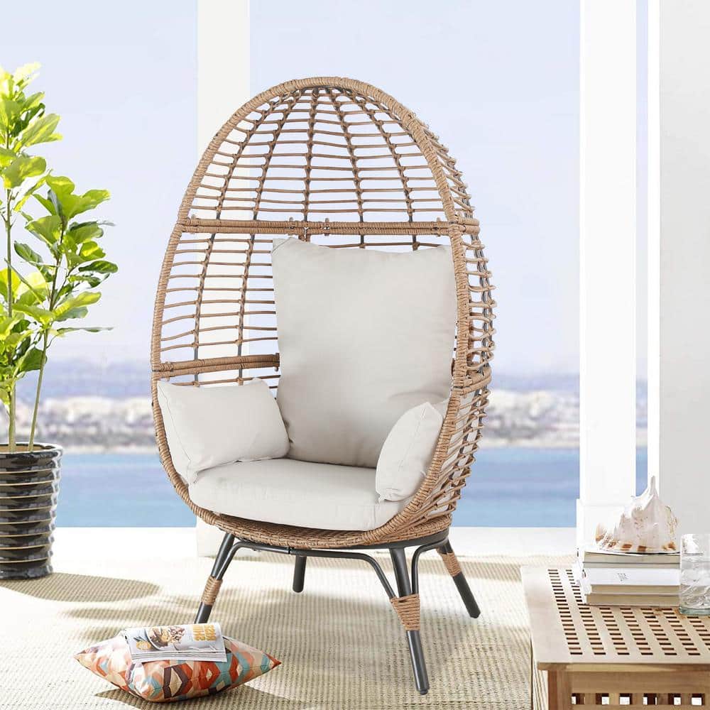 ULAX FURNITURE Wicker Outdoor Egg Lounge Chair with Beige