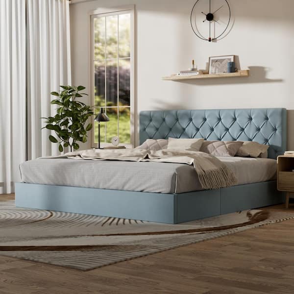 Ahokua Aqua Blue Frame King Size Upholstered Platform Bed