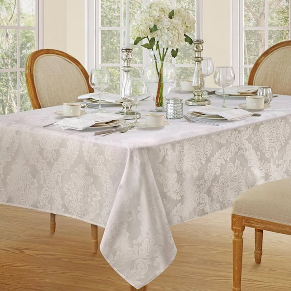 Barcelona Jacquard Damask Tablecloth, White - 60"W x 120"L