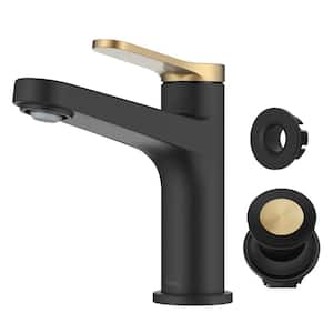 Indy Single Handle Bathroom Faucet in Spot-Free Brushed Brass/Matte Black with Pop Up Drain and Supply Lines