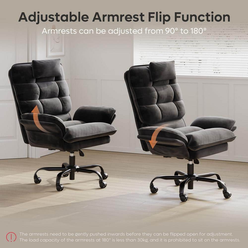 Two views of the black velvet office chair demonstrating the flip-up function of the armrests.