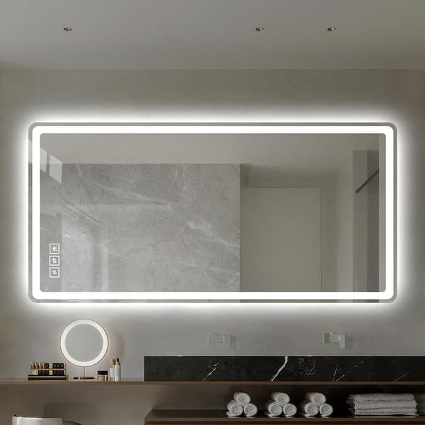 ANGELES HOME 48 in. W x 32 in. H Rectangular Frameless Anti-Fog Dimmable Wall Front Backlit LED Bathroom Vanity Mirror with Light