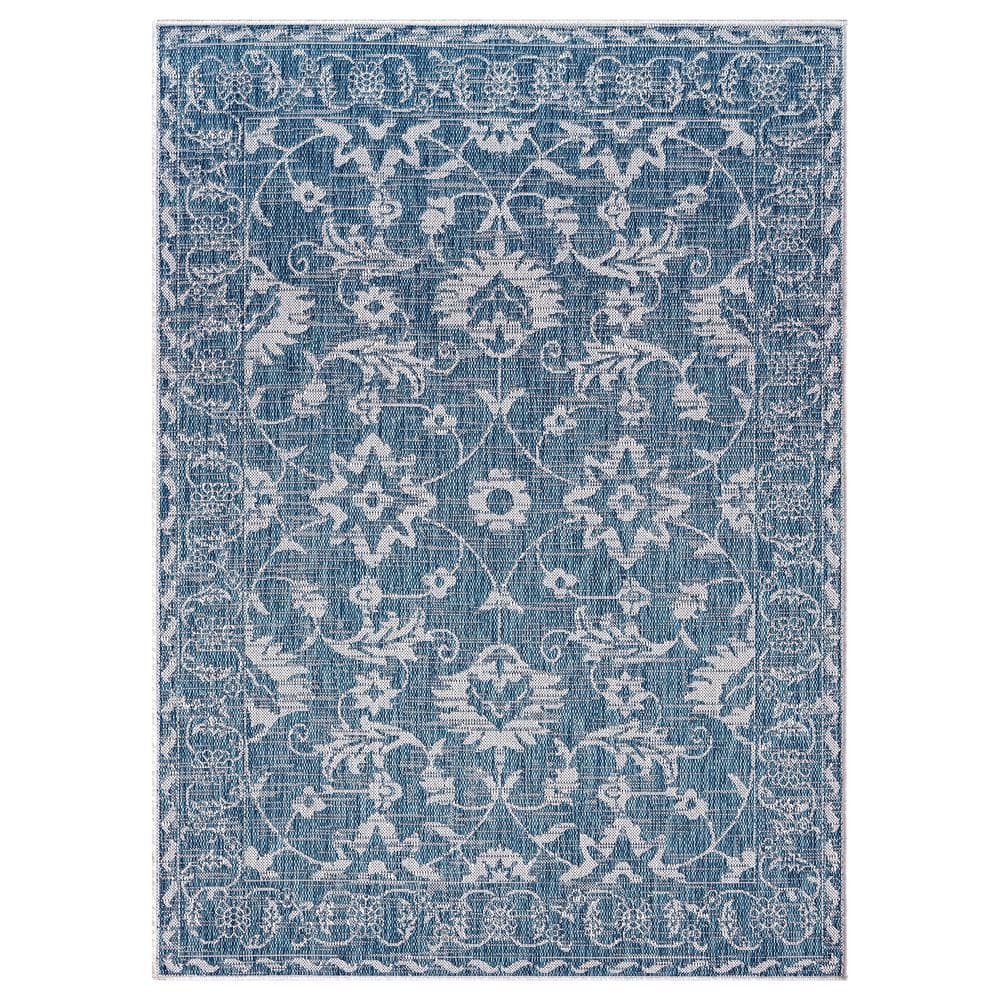 Aqua Blue Floral Damask Indoor/Outdoor Area Rug