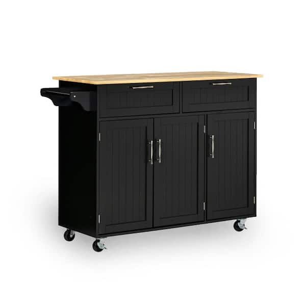 Sarlai Black Wood 47.75 in. Kitchen Island with Countertop and Spice Rack