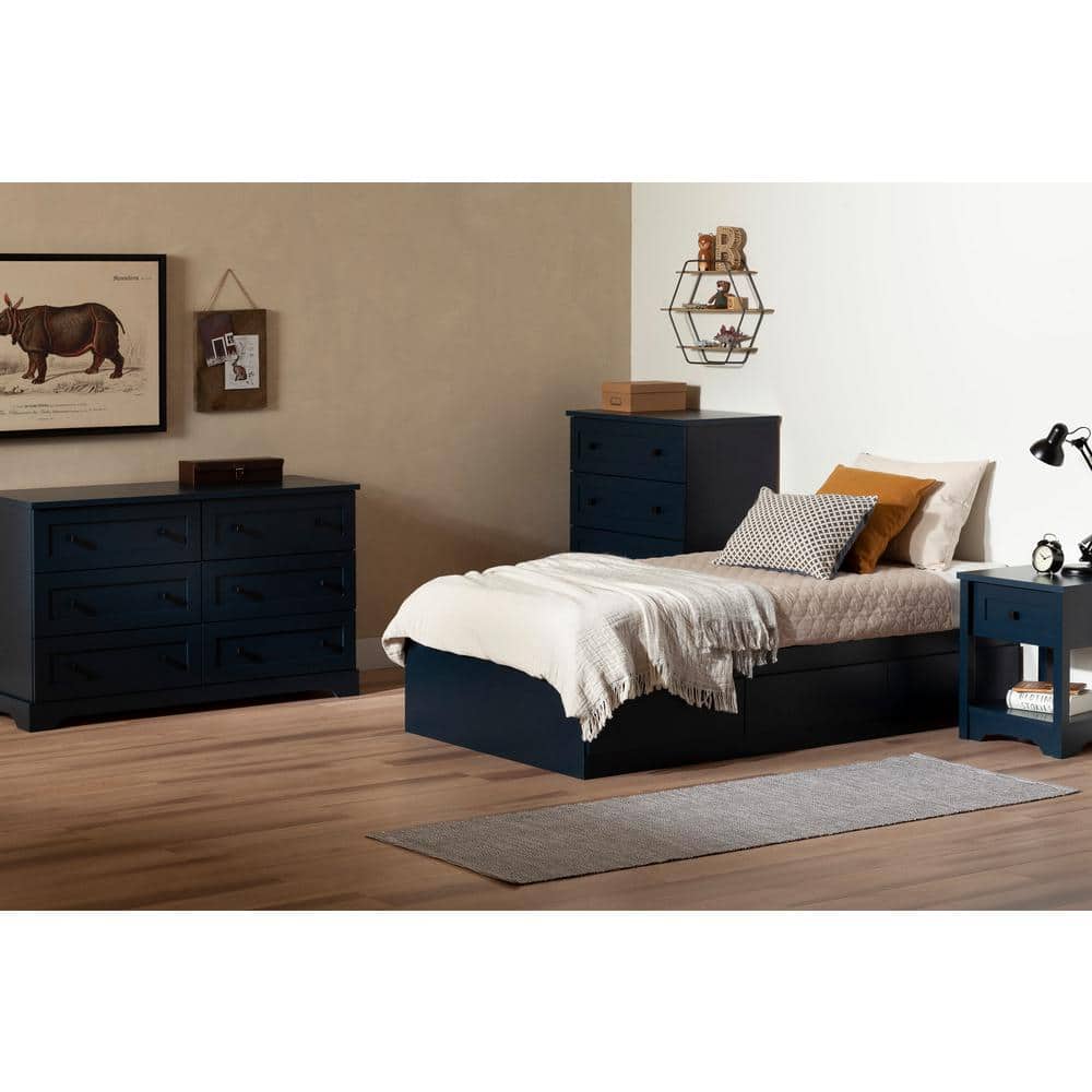 Navy Blue Twin Wood Frame Platform Bed with 3 Drawers