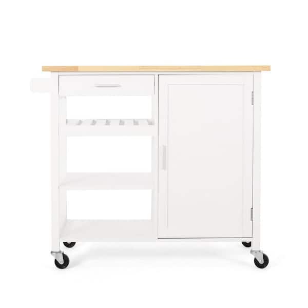 Numhew Contemporary White Rubberwood Top Kitchen Cart with 1 Drawer, 3 Open Shelves and Cabinet with 2 Shelves
