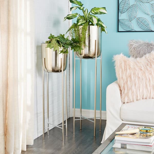 46 in., and 39 in. Oversized Silver Metal Indoor Outdoor Dome Planter with Removable Stand (2- Pack)