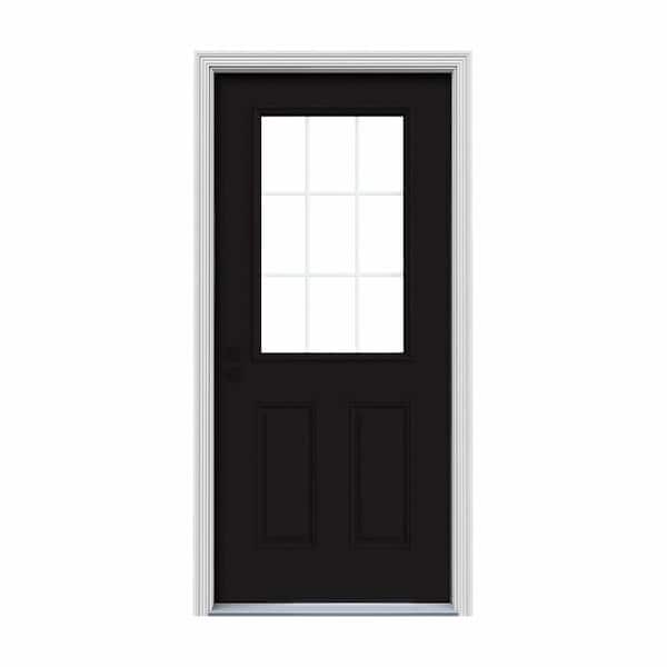 JELD-WEN 30 in. x 80 in. 9 Lite Black Painted Steel Prehung Right-Hand Inswing Entry Door w/Brickmould