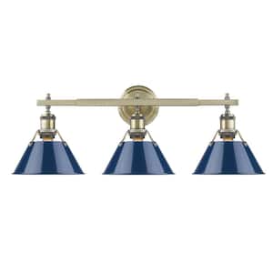 Orwell AB 3-Light Aged Brass Bath Light with Navy Blue Shade