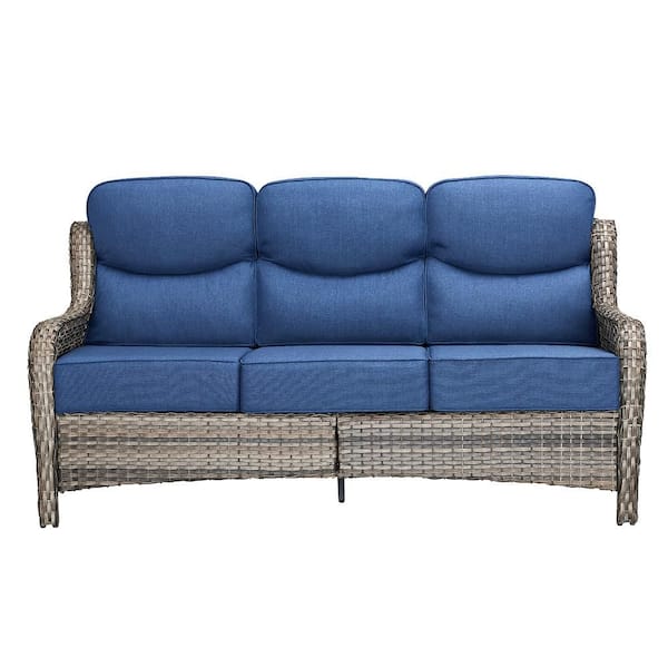 Pocassy 6 in Thicken 3-Seat Wicker Outdoor Couch Patio Sofa with Blue Cushion
