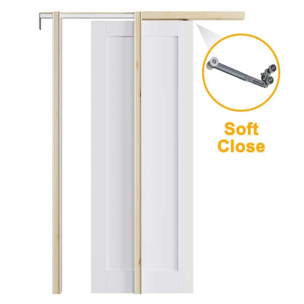 ARK DESIGN 28 in. x 96 in. White Blank Primed Solid Core Door Slab with Wood Pocket Door Frame and Hardware (Soft Close Included)