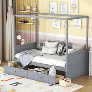 Gray Wood Frame Twin Size Canopy Bed, Daybed with 2-Drawer