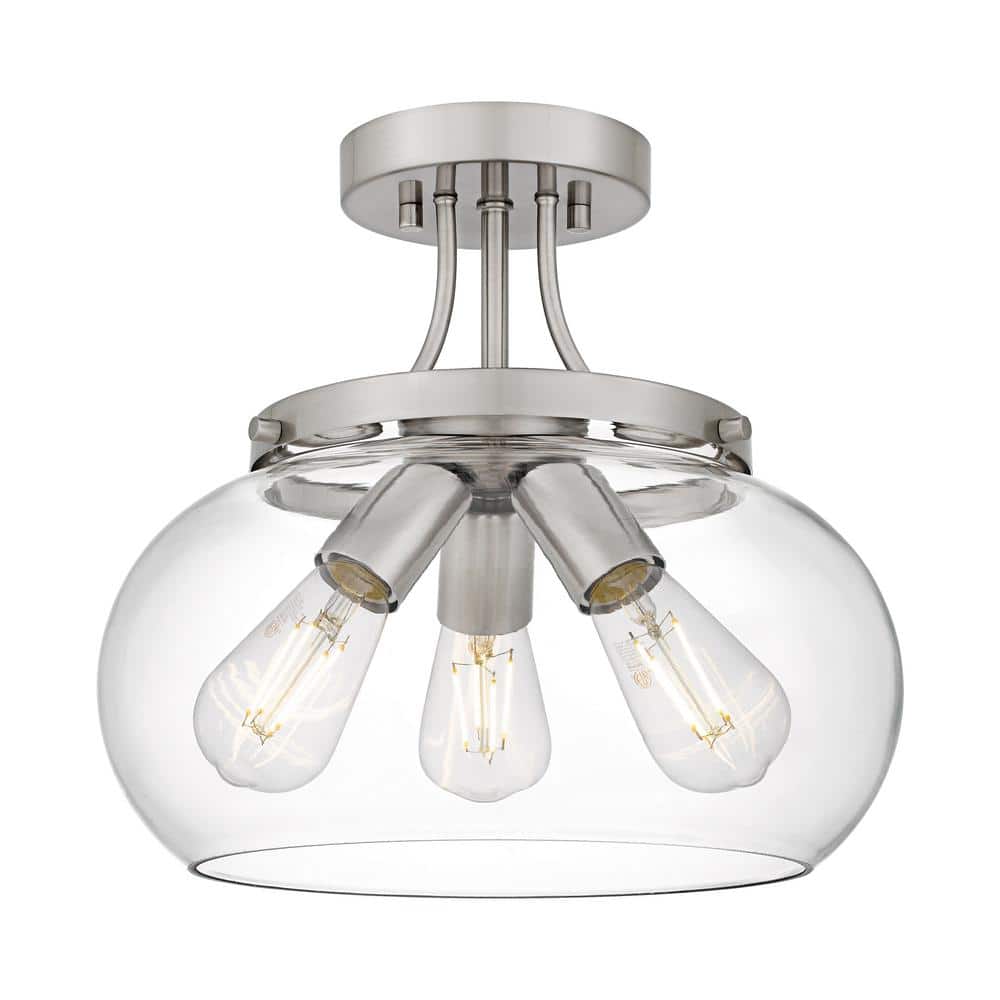 Huxby 13 in. 3-Light Brushed Nickel Contemporary Semi-Flush Mount with Clea