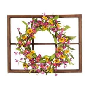 24 in. Dia Artificial Chrysanthemum Wreath with 28 in. H Wooden Window Frame