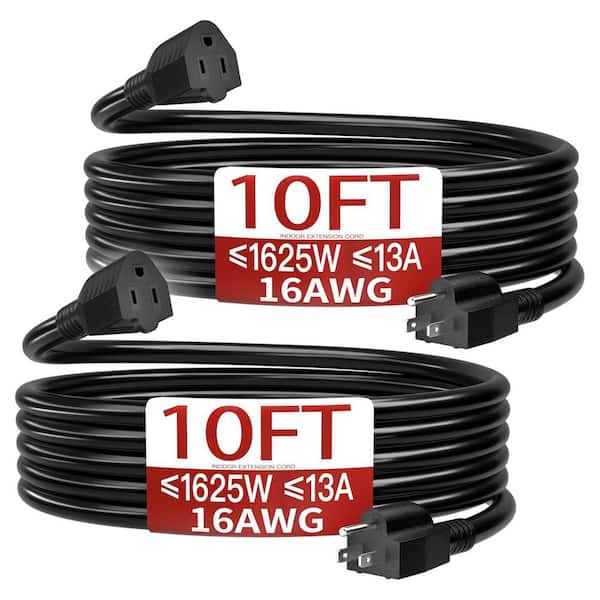 10 ft. 1625W 16/3 Outdoor Extension Cord 2 Pack Black Flexible Durable 3 Prong Power Cable ETL Listed Lighted End
