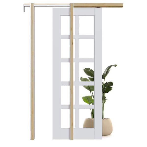 ARK DESIGN 28 in. x 80 in. 10-Lite Clear Glass White Primed MDF Pocket Sliding Door with Pocket Door Frame and Hardware Kit