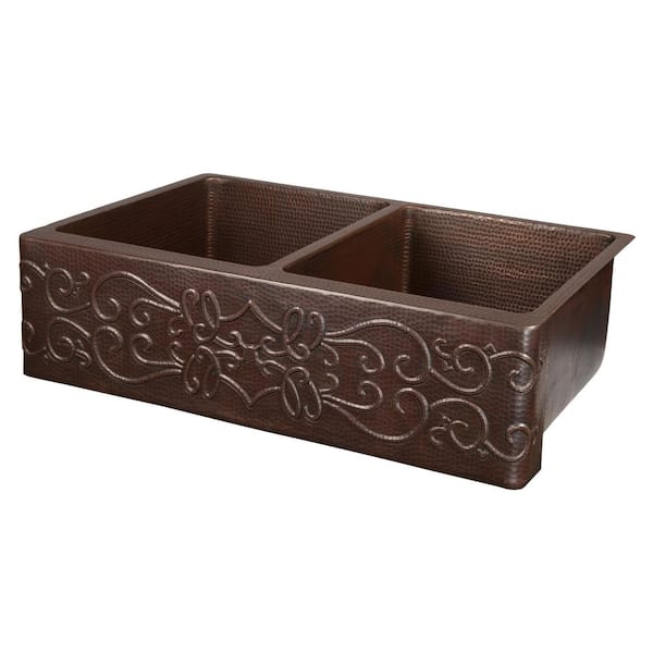 Under Counter/Surface-Mount Copper 33 in. 0-Hole Double Bowl 50/50 Kitchen Apron Scroll Sink in Oil Rubbed Bronze