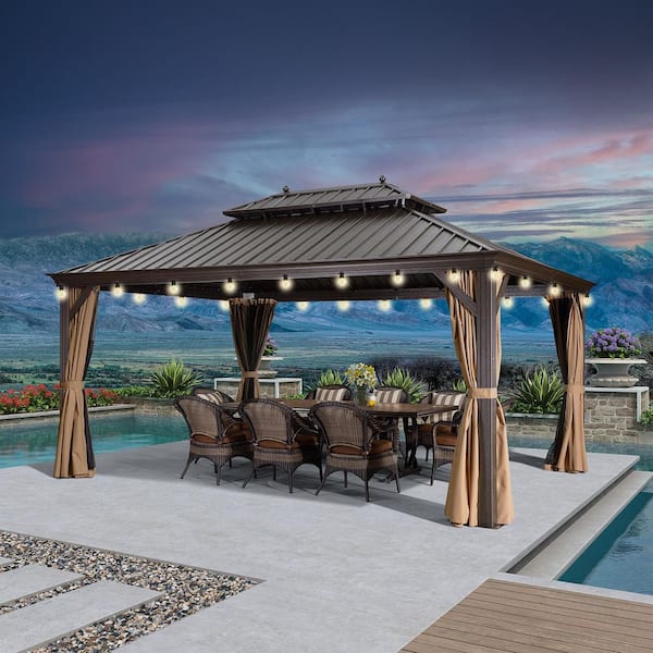 12 ft. x 16 ft. Bronze Patio Outdoor Gazebo for Backyard Hardtop Aluminum Frame, Hooks Netting, Khaki Curtain 24-Lights