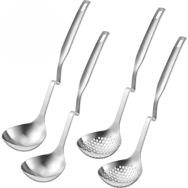 4-Piece Silver Stainless Steel Soup Ladle Set with Strainer Skimmer for Hot Pot Sauce Serving Cookware Utensil