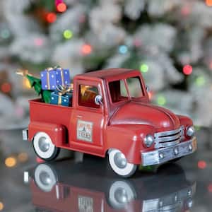 13 in. Long Mini Metal Truck with Christmas Tree and Gifts in Red