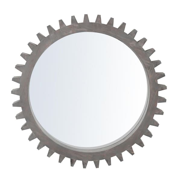 CONGE IMPORT LLC Dark Brown 17 in. W x 17 in. H Round Wood Framed Mirror Vintage Chic Hanging Gear Shape Decorative Patchwork Effect