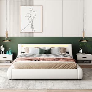 65.7 in. W White Upholstered Leather Wood Frame Queen Platform Bed