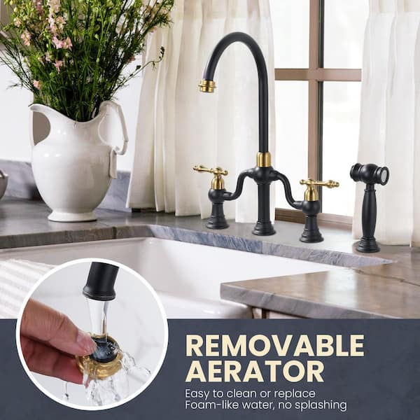Solid Brass Double Handle High-Arc Deck Mounted Bridge Kitchen Faucet with Side Sprayer in Black and Gold