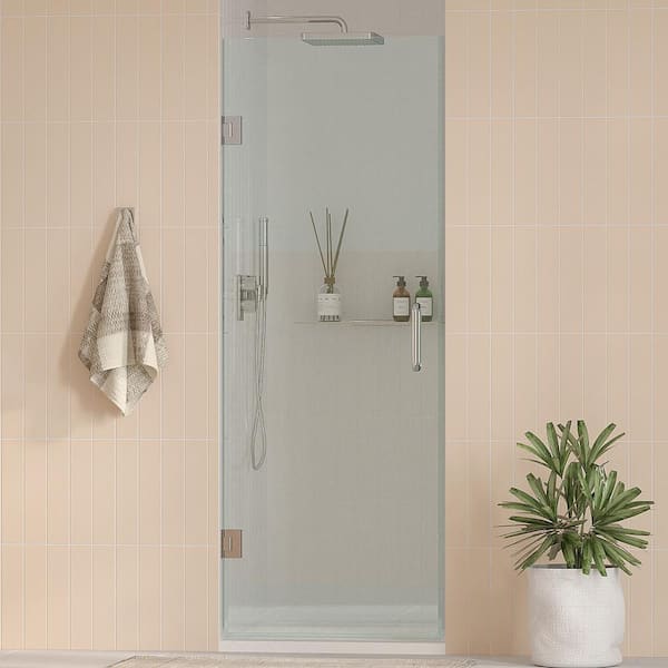 Kobiworks Nirvana 27.5 in. - 27.75 in. W x 76 in. H Frameless Pivot Hinged Shower Door in Chrome with 3/8 in. Clear Glass
