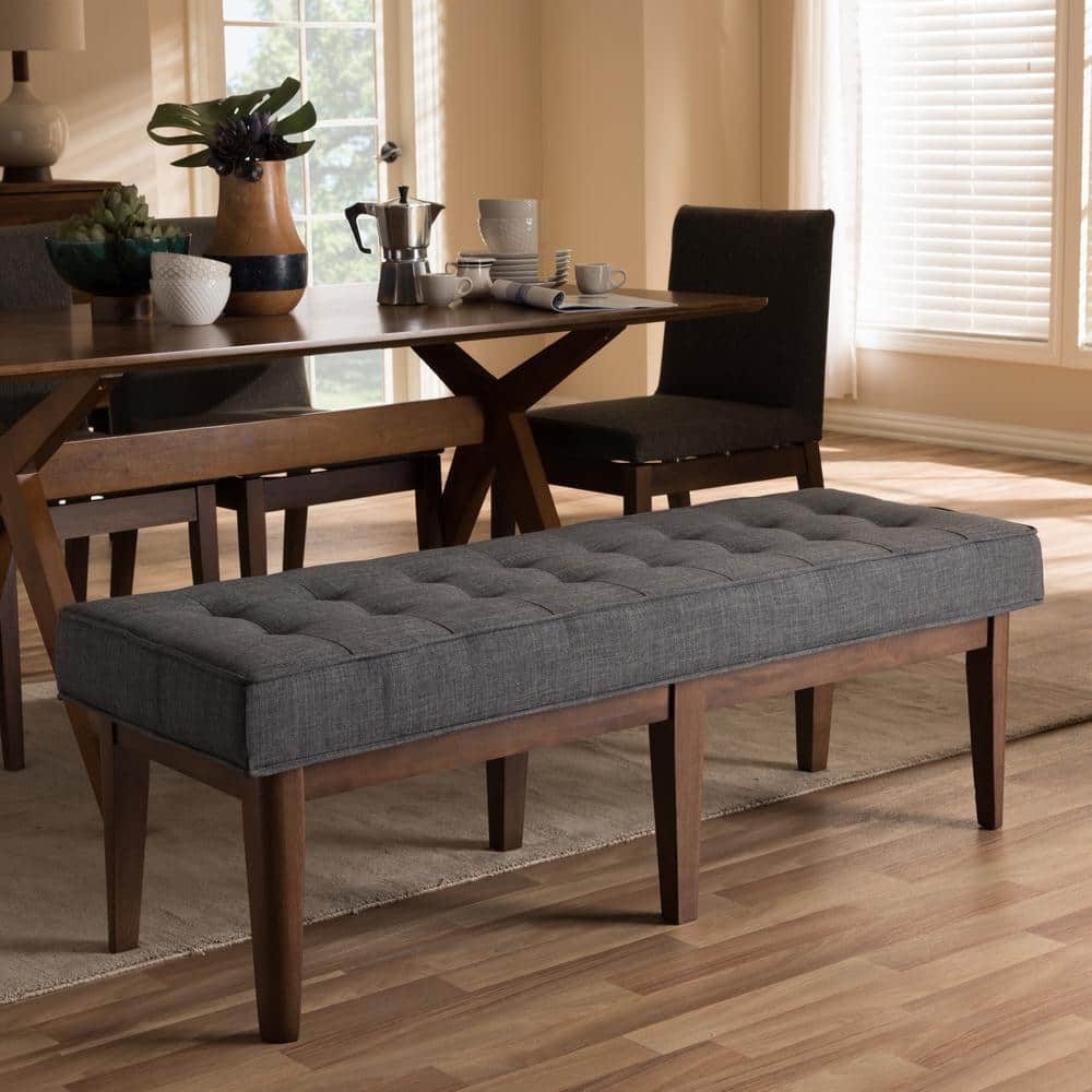 Lucca Mid-Century Button-Tufted Bench in Dark Grey and Walnut