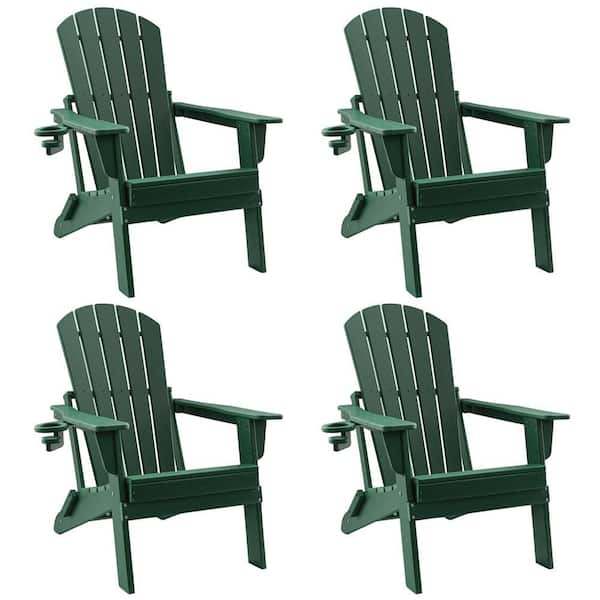 HDPE Folding Adirondack Chair with Cup Holder, Weather-Resistant, Low Maintenance, Supports up to 400lbs, Green, 4 Pack