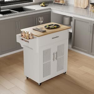 STICKON White Rolling Rattan Kitchen Island with Storage Cabinet