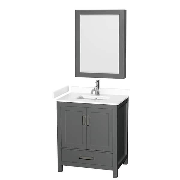 Wyndham Collection Sheffield 30 in. W x 22 in. D x 35.25 in. H Single Bath Vanity in Dark Gray with White Cultured Marble Top and MC Mirror