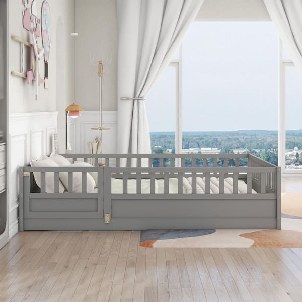 Montessori Gray Full Size Bed Frame with Security Barrier, Door, Integrated Construction and Support Slat