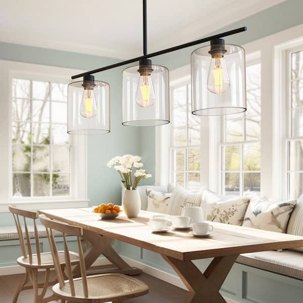 YANSUN 3-Light Matte Black Island Pendant with Clear Glass Shades