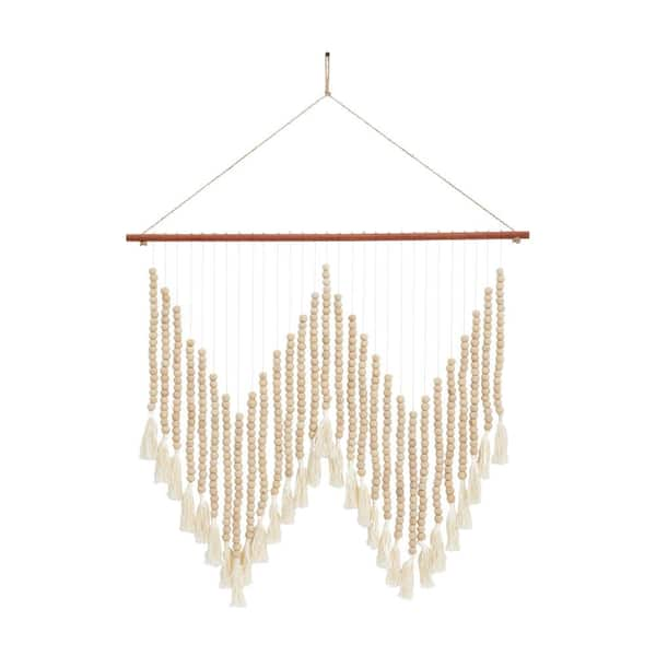 Litton Lane Wood White Beaded Macrame Wall Decor with Fringe Tassels 040427  - The Home Depot