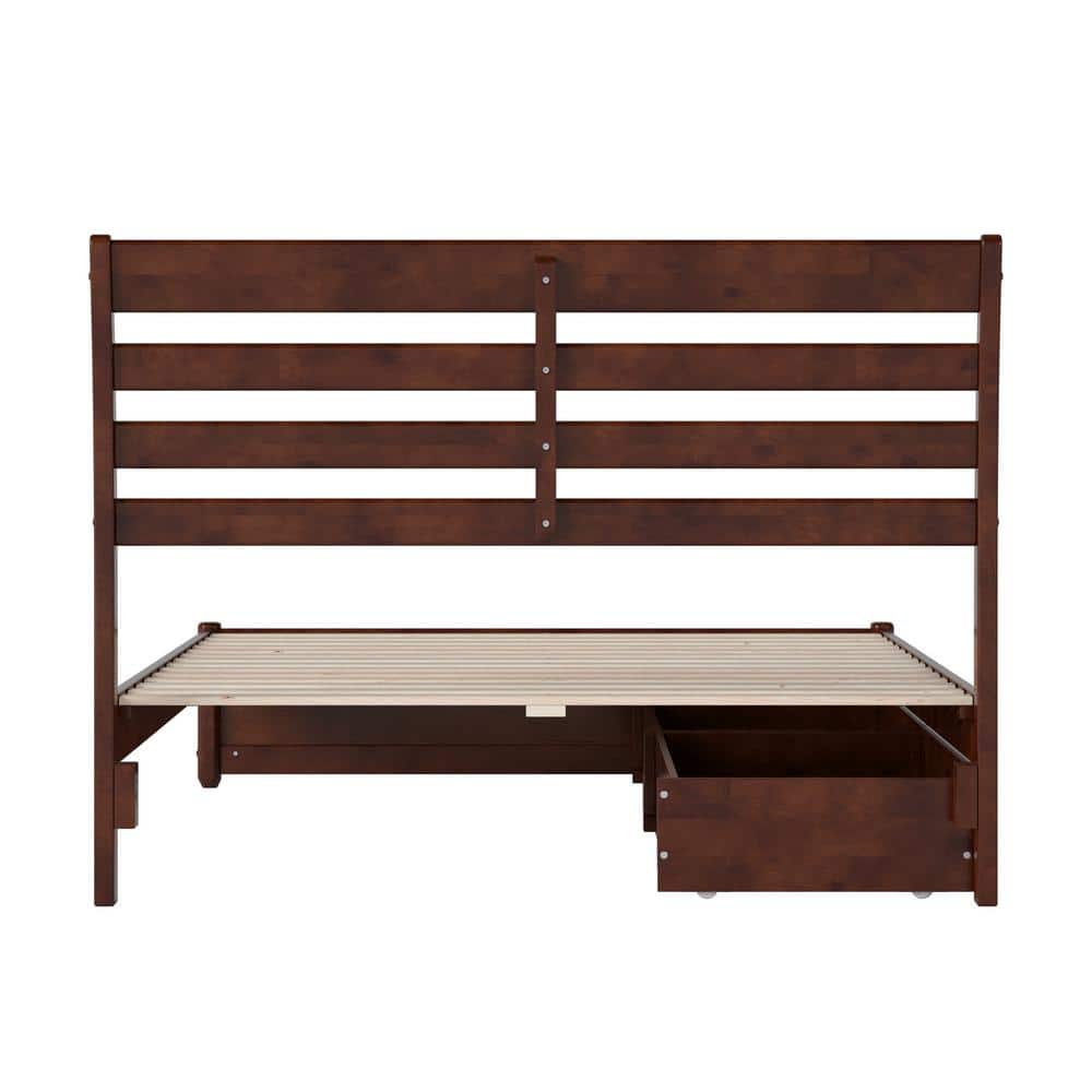Emelie Full Walnut Wood Platform Bed with Storage Drawers