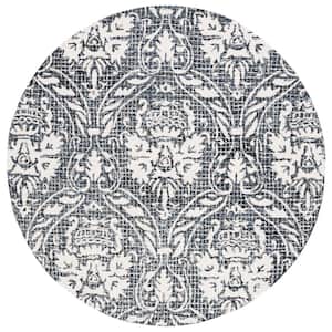 Abstract Ivory/Navy 6 ft. x 6 ft.y Damask Round Area Rug