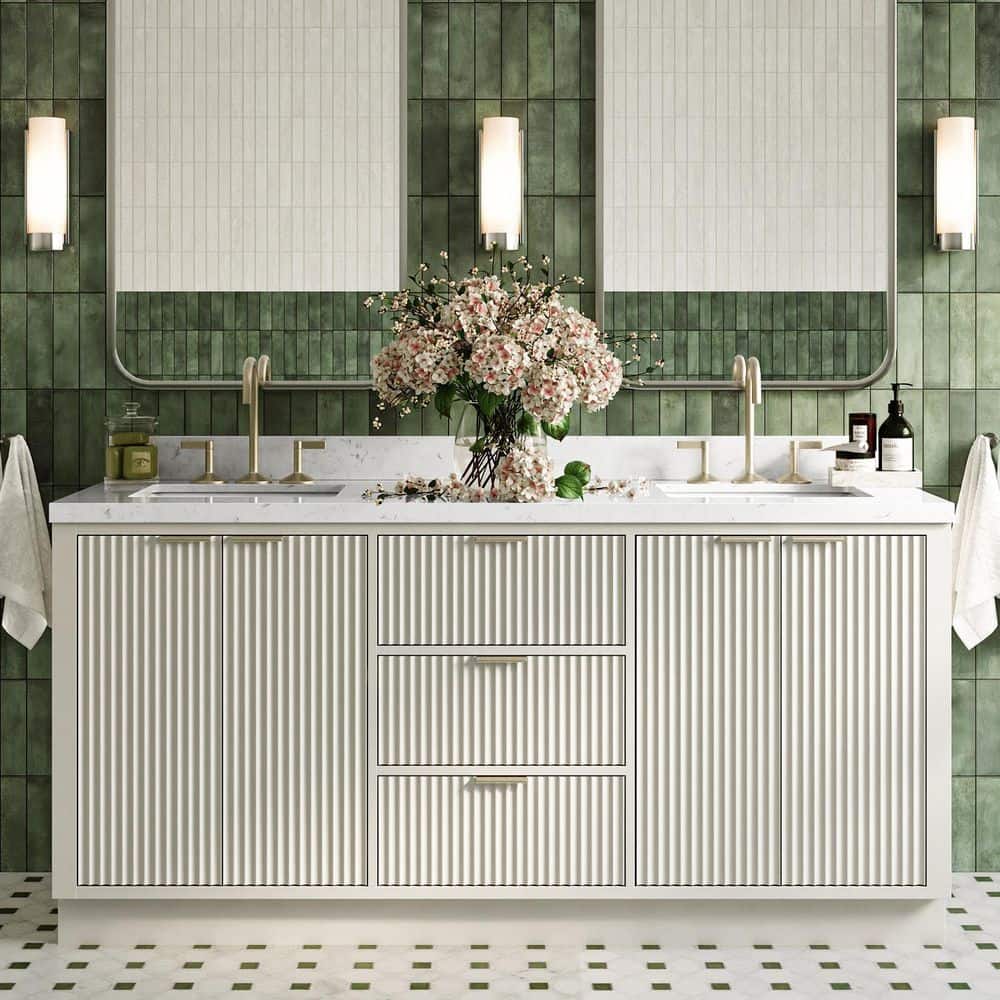 Milan 72 in. Double Sink Freestanding Bathroom Vanity in Warm White with Carrara White Quartz Top price history on PriceWatchPro