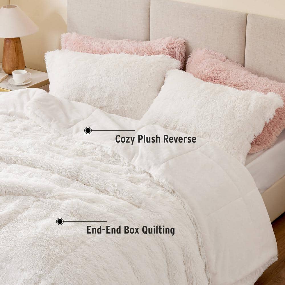 Full White Shaggy Faux Fur Comforter Set