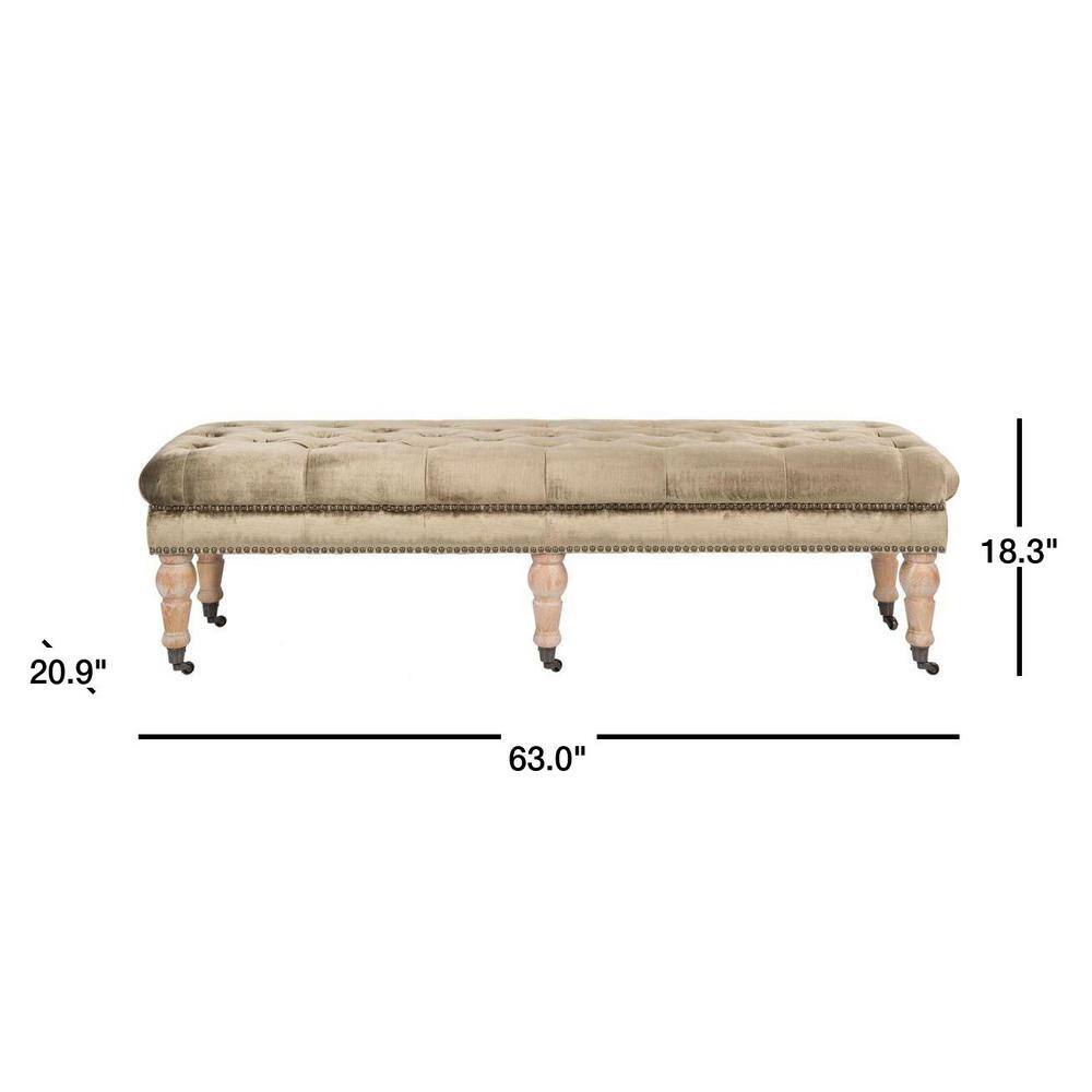 Transitional Tufted Antique Sage Bench with Brass Nail Heads and Oak Legs