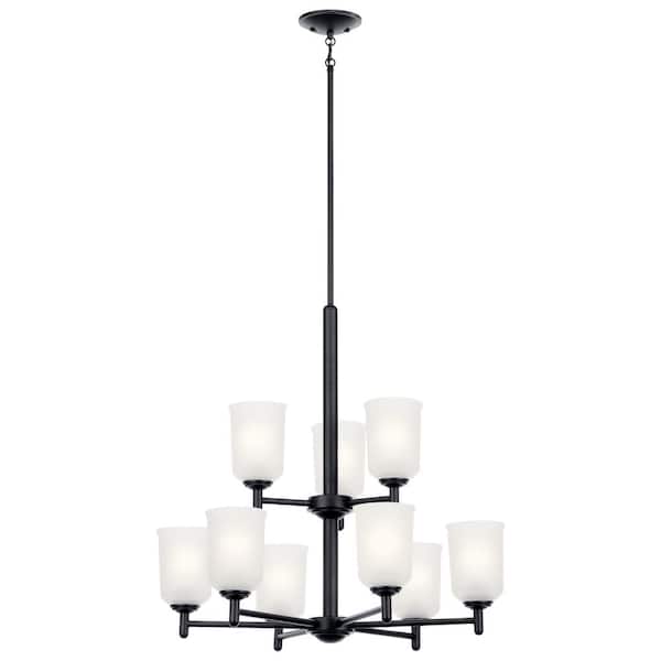 KICHLER Shailene 26.25 in. 9-Light Black 2-Tier Transitional Shaded Cylinder Chandelier for Dining Room
