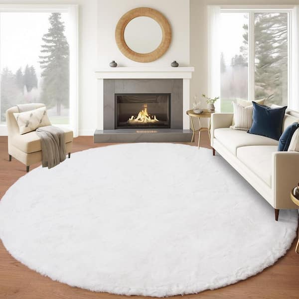 White Round Rug 6 ft. Circle Rug Fluffy Faux Fur Rug Furry Fuzzy Rug Area Rug
