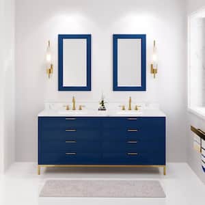 Bristol 72 in. W x 21.5 in. D Vanity in Monarch Blue with Marble Top in White with White Basin, Hook Faucet and Mirrors