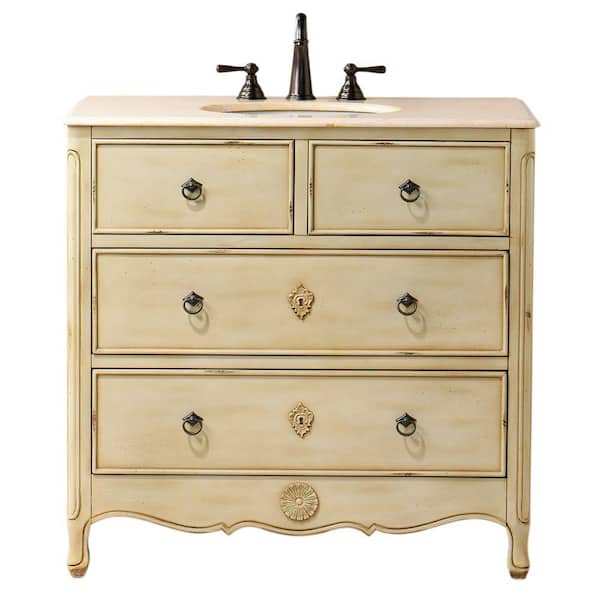 Home Decorators Collection Keys 36 in. W Vanity in Distressed Cream with Marble Vanity Top in Cream with White Basin