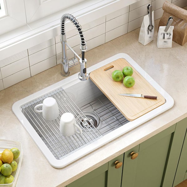 30 in. Undermount Single Bowl White Ceramic Kitchen Sink Standard and Bottom Grid, Drain Assembly, Cutting Board