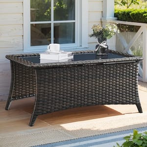 Outdoor PE Wicker Rectangle Coffee Table Patio Rattan Patio Side Table Built-In Glass Top Sofa Table Dark Brown